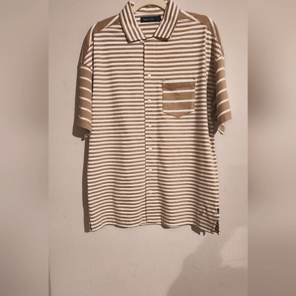 NEW SHORT SLEEVE BUTTON SHIRTS SUMMER BEIGE WITH WHITE STRIPES. 100%COTTON S - Picture 1 of 4